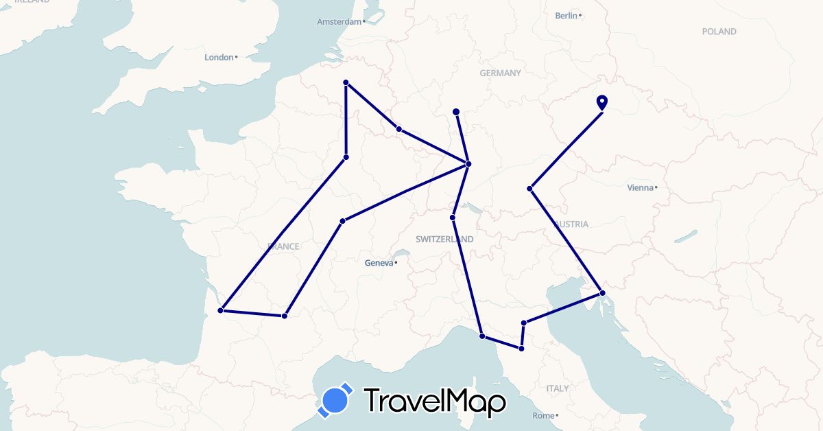 TravelMap itinerary: driving in Belgium, Switzerland, Czech Republic, Germany, France, Croatia, Italy, Luxembourg (Europe)